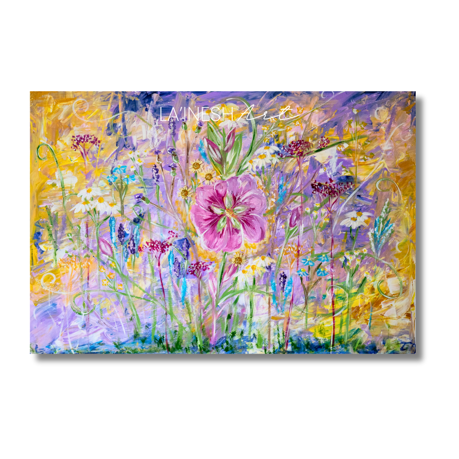Lebendiges Blumenbild gemalt mit Acrylfarben auf Leinwand. 