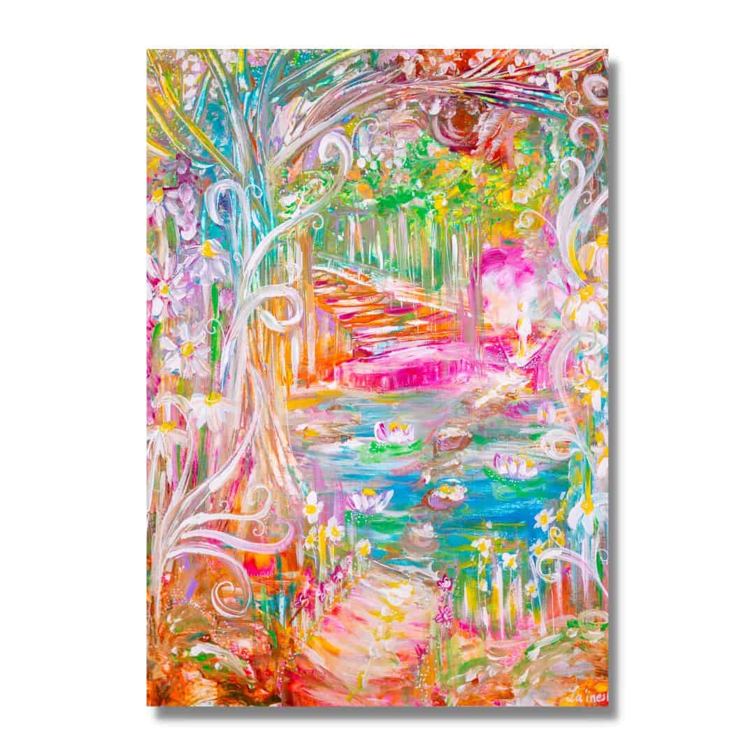 Ein buntes Bild gemalt mit Acrylfarben auf Leinwand mit einer spirituellen Message zum Thema: Inner Child. 